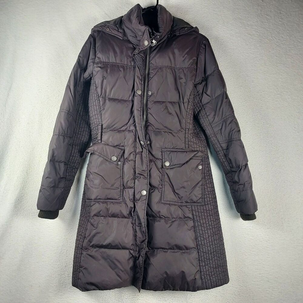Tommy Hilfiger Long Hooded Puffer Coat Womens M Purple Down Zip Pockets